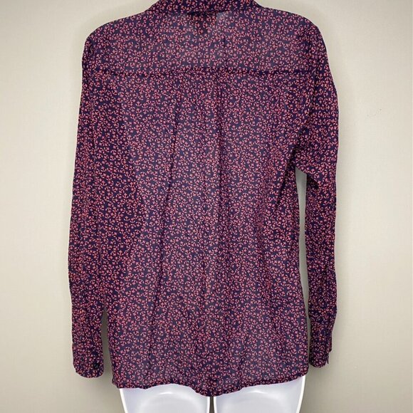 LOFT 100% Cotton Navy Pink Anchor Button Up Long Sleeve Nautical Top Size M - Picture 4 of 6